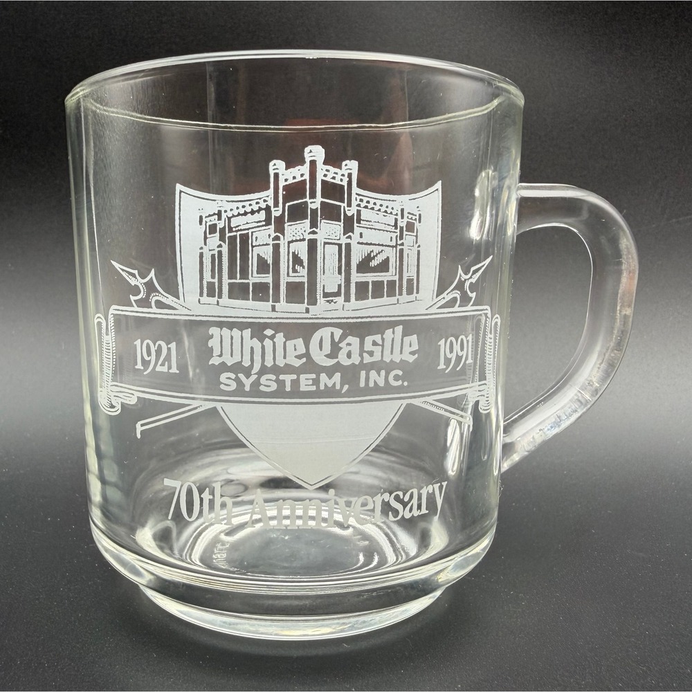 Vintage White Castle 70th Anniversary Glass Mug 1921-1991 Luminarc France Clear